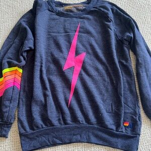 Aviator Nation Blue Sweatshirt with Yellow Pink and Orange Accents